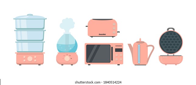 Kitchen and house appliances: microwave, steamer, toaster, kettle, waffle iron,  humidifier air diffuser. Flat style. Group of household appliances. Vector.