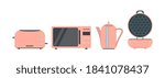 Kitchen and house appliances: microwave, toaster, kettle, waffle iron,  Flat style. Group of household appliances. Vector.