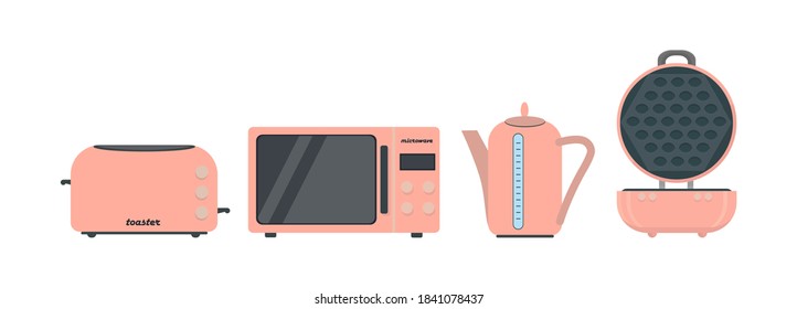 Kitchen and house appliances: microwave, toaster, kettle, waffle iron,  Flat style. Group of household appliances. Vector.