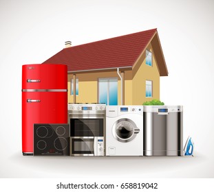 Kitchen and house appliances: microwave, washing machine, refrigerator, gas stove, dishwasher, iron.