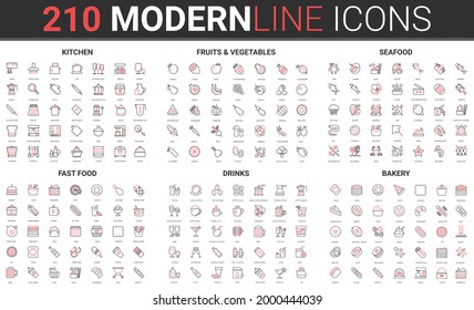 Kitchen household appliances for cooking, fruit vegetable, fresh seafood and fastfood thin red black line icon vector illustration set. Linear food drink menu for grocery store, bakery shop or cafe