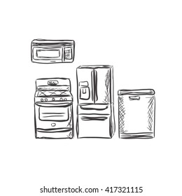 kitchen household appliances, design element, sketch, vector illustration