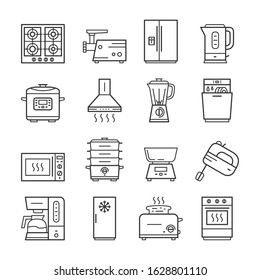 Kitchen household appliances thin line icon set. Editable stroke outline vector symbol and linear sign refrigerator, oven, blender, gas hob, dishwasher, toaster, isolated on white background