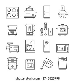 Kitchen household appliances thin line icon set. Editable stroke outline vector symbol and linear sign refrigerator, oven, blender, coffee machine, dishwasher, toaster, isolated on white background