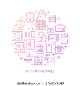 Juego de iconos de línea delgada para electrodomésticos de cocina. Objeto de gradiente circular con borde vectorial refrigerador, horno, mezclador, cafetera, lavavajillas, tostadora, aislado en fondo blanco