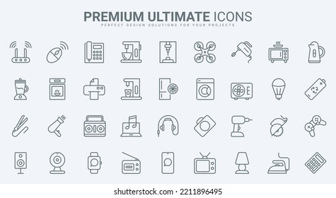 Kitchen and household appliances thin line icons set vector illustration. Outline domestic electric equipment collection with oven microwave kettle blender television fridge hairdryer symbols