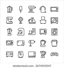Juego de iconos de Vector de línea fina con cafetera, licuadora y microondas
