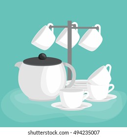 Kitchen household cutlery clean hot teacups and white ceramic plate stacked.Teapot, cups and saucers in a stack for tea vector illustration set tablewar