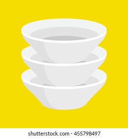 Kitchen household cutlery clean teacups and white ceramic plate stacked vector illustration set