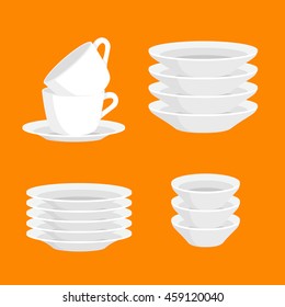 Kitchen household cutlery clean teacups and white ceramic plate stacked vector illustration set