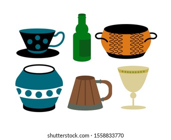 kitchen household kitchenware pots set. Boho vases decoration. Boho vase. minimalistic aesthetic background with vase. vase drawn set.
