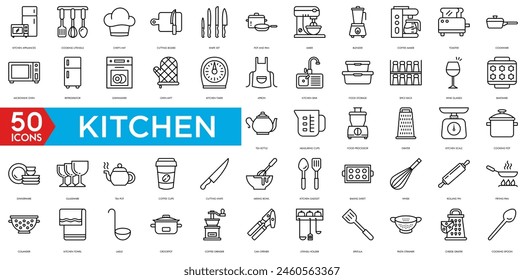 Kitchen icon. Kitchen Appliances, Cooking Utensils Chef's Hat, Cutting Board, Knife Set, Pot and Pan, Mixer, Blender, Coffee Maker, Toaster icon