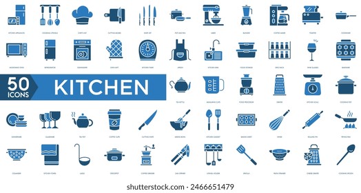 Kitchen icon. Kitchen Appliances, Cooking Utensils Chef's Hat, Cutting Board, Knife Set, Pot and Pan, Mixer, Blender, Coffee Maker, Toaster icon