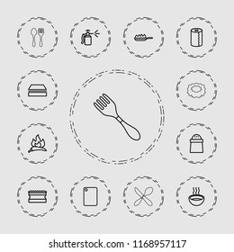 Kitchen icon. collection of 13 kitchen outline icons such as chili, sponge, paper towel, pepper, soup, spray bottle, pan-fry. editable kitchen icons for web and mobile.