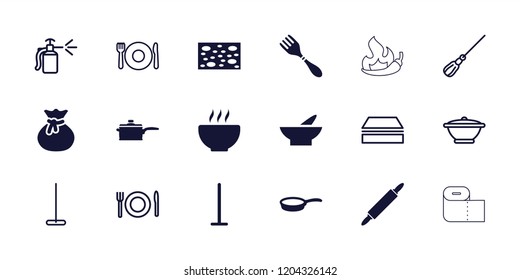 Kitchen icon. collection of 18 kitchen filled and outline icons such as bowl, sack, dough pin, pan, plate fork and spoon, mop. editable kitchen icons for web and mobile.