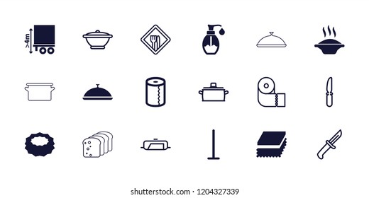 Kitchen icon. collection of 18 kitchen filled and outline icons such as soup, soap, cargo height, pan, paper towel, knife. editable kitchen icons for web and mobile.