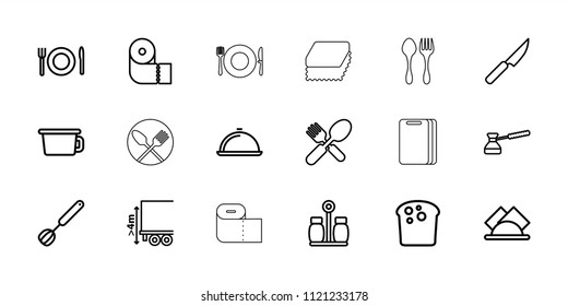 Kitchen icon. collection of 18 kitchen outline icons such as paper towel, bread, pot, fork and spoon, cargo height, dish, napkin. editable kitchen icons for web and mobile.