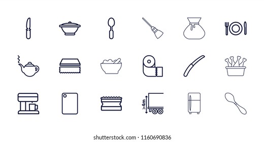 Kitchen icon. collection of 18 kitchen outline icons such as teapot, sponge, paper towel, spoon, knife, gardening knife. editable kitchen icons for web and mobile.