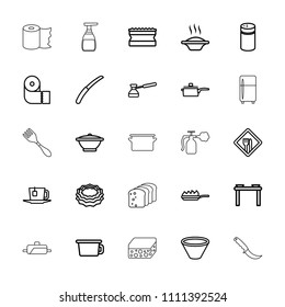 Kitchen icon. collection of 25 kitchen outline icons such as pepper, sponge, paper towel, soup, pot, table with plates and pan. editable kitchen icons for web and mobile.