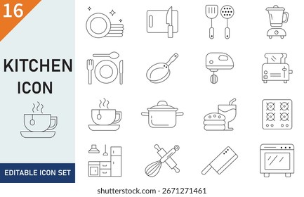 Kitchen icon collection. Catering thin line icon set. Containing fork, spoon, knife, plate, cloche, tray, chef hat, beverage, food, dining table.