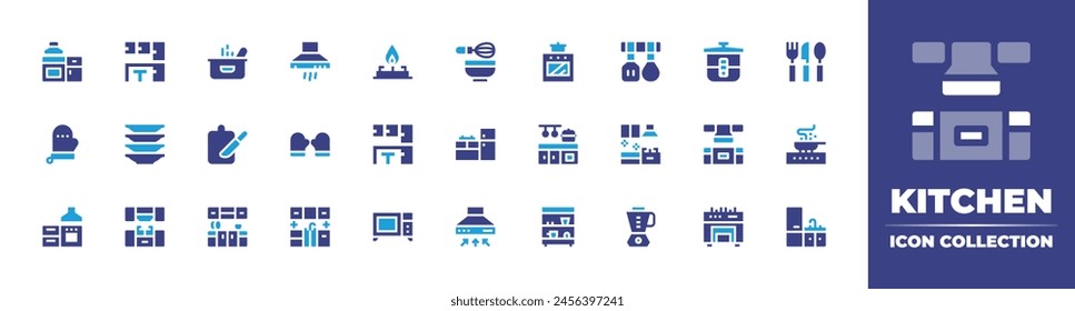 Icono de cocina colección. Color duotono. Ilustración vectorial. Conteniendo cocina, manopla, armarios, olla, extractor, utensilios de cocina, muebles de cocina, estufa, multicooker, platos, horno microondas.