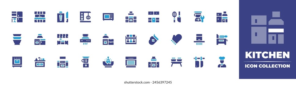 Küchensymbol Kollektion. Zweitonfarbe. Vektorillustration. Enthaltene Küche, Esstisch, Bereich, Schrank, Schalen, Regale, Handschuhe, Kochen, Mixer, Backofen, Waschbecken, Handschuh.