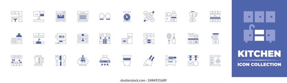 Icono de cocina colección. Trazo de línea de estilo duotono y negrita. Ilustración vectorial. Contiene cocina, manopla, estantes, horno, báscula de cocina, utensilios de cocina, tabla de cortar, rodillo.