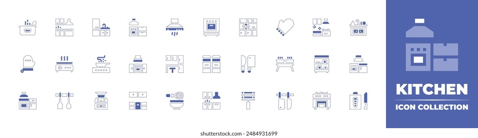 Icono de cocina colección. Trazo de línea de estilo duotono y negrita. Ilustración vectorial. Contiene cocina, mesa de comedor, gabinete de cocina, manopla, olla, extractor, cocina, sartén, cuchillo, especias.