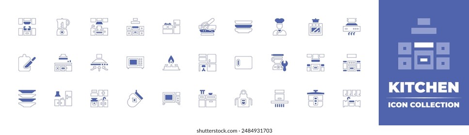 Icono de cocina colección. Trazo de línea de estilo duotono y negrita. Ilustración vectorial. Conteniendo campana extractora, cocina, muebles de cocina, estufa, batidor, batidor, microondas, tabla de cortar.