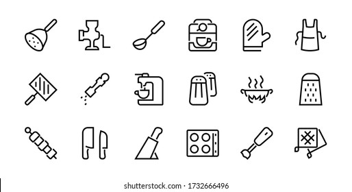 KITCHEN ICON proceso de cocción, Herramientas de cocina, Juego de iconos, vector de línea delgada tiene una mezcladora, horno, cuchillo, rallador, barbacoa, delantal, plancha, parrilla, cafetera, guante de cocina, trazo editable.