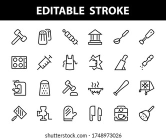 KITCHEN ICON Kochprozess, Küchengeräte, Icon Set, dünne Linie Vektor hat einen Mixer, Backofen, Messer, Grater, Grill, Schürze, Grill, Grill, Kaffeemaschine, Küchenhandschuh, Bearbeitbarer Hub.