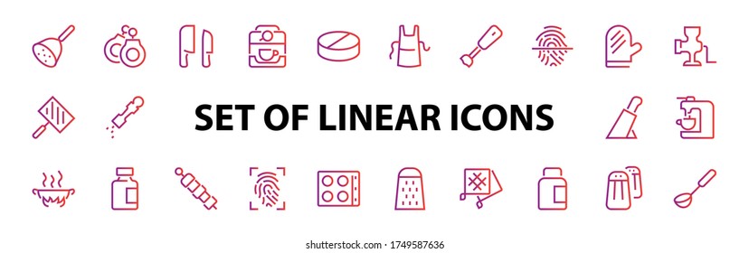 KITCHEN ICON Cooking process, Kitchen tools, Icon set, thin line vector has a blender, oven, knife, grater, barbecue, apron, barbecue, grill, coffee machine, kitchen glove, Editable stroke.
