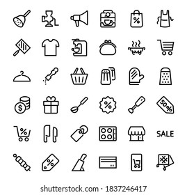 KITCHEN ICON Cooking process, Kitchen tools, Icon set, thin line vector has a blender, oven, knife, grater, barbecue, apron, barbecue, grill, coffee machine, kitchen glove, Editable stroke.