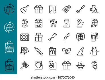 KITCHEN ICON Cooking process, Kitchen tools, Icon set, thin line vector has a blender, oven, knife, grater, barbecue, apron, barbecue, grill, coffee machine, kitchen glove, Editable stroke.