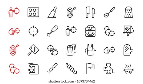 KITCHEN ICON Cooking process, Kitchen tools, Icon set, thin line vector has a blender, oven, knife, grater, barbecue, apron, barbecue, grill, coffee machine, kitchen glove, Editable stroke.