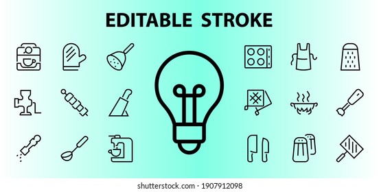 KITCHEN ICON Cooking process, Kitchen tools, Icon set, thin line vector has a blender, oven, knife, grater, barbecue, apron, barbecue, grill, coffee machine, kitchen glove, Editable stroke.
