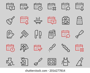 KITCHEN ICON Cooking process, Kitchen tools, Icon set, thin line vector has a blender, oven, knife, grater, barbecue, apron, barbecue, grill, coffee machine, kitchen glove, Editable stroke.