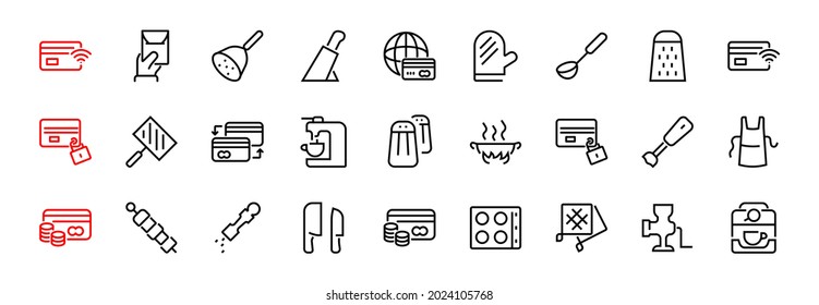 KITCHEN ICON Cooking process, Kitchen tools, Icon set, thin line vector has a blender, oven, knife, grater, barbecue, apron, barbecue, grill, coffee machine, kitchen glove, Editable stroke.