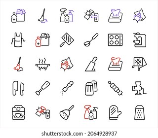 KITCHEN ICON Cooking process, Kitchen tools, Icon set, thin line vector has a blender, oven, knife, grater, barbecue, apron, barbecue, grill, coffee machine, kitchen glove, Editable stroke.