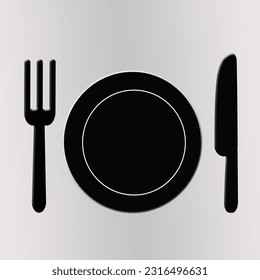 Kitchen icon of dish, fork, knife and plate. Bar, cafe, hotel concept.