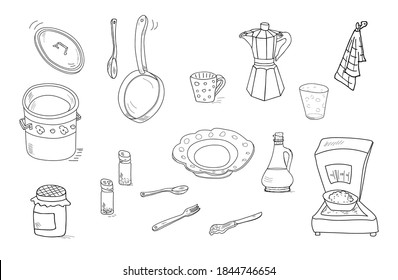Kitchen icon drawing set. Cooking pot, frying pan, knife, spoon, fork, porcelain plate, weight scale, salt pot, pepper shaker, towel, glass jar, mug, Italian classic coffee maker vector sketch