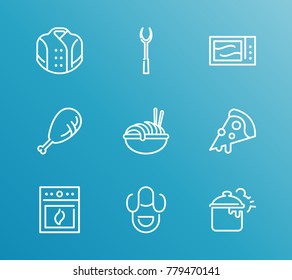 Kitchen icon line set with pan, pizza and cooking fork. Set of bbq tool related kitchen icon line vector items for web mobile logo design.