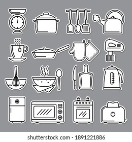 Kitchen icon. Preparing food symbols knife cooking stove recent vector illustrations