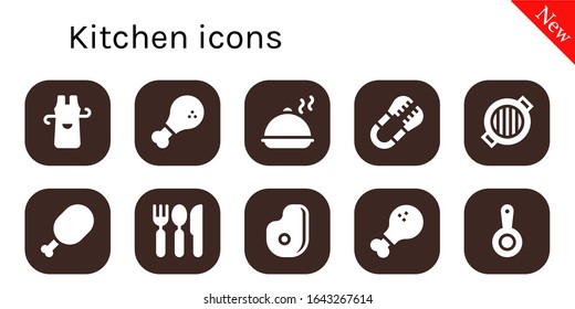 kitchen icon set. 10 filled kitchen icons.  Simple modern icons such as: Apron, Chicken, Salver, Tongs, Grill, Meat, Cutlery, Chicken leg, Pan