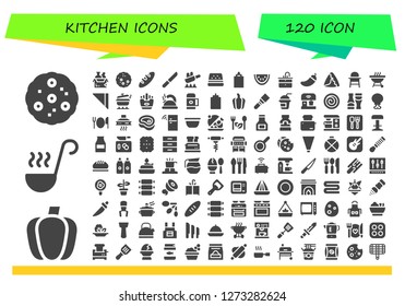  kitchen icon set. 120 filled kitchen icons. Simple modern icons about  - Cookie, Paprika, Ladle, Food, Bread, Knife, Fry, Watermelon, Sauce, Sink, Pepper, Samosa, Baby chair