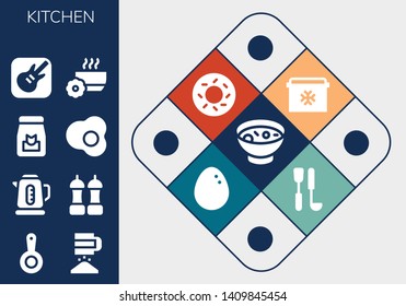 kitchen icon set. 13 filled kitchen icons.  Collection Of - Soup, Pan, Sieve, Kettle, Salt, Food, Egg, Garage band, Bowl, Fridge, Bagel, Soup ladle