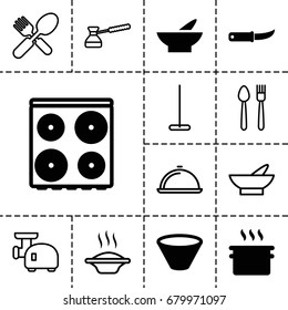 Kitchen icon. set of 13 filled and outline kitchen icons such as bowl, cooker, gardening knife, mop, fork and spoon, dish, meat grinder, turk, pan, soup