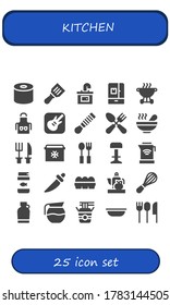 kitchen icon set. 25 filled kitchen icons. Included Tissue, Spatula, Sink, Fridge, Bbq, Apron, Garage band, Cutlery, Soup, Stool, Kettle, Fish food, Knife, Eggs, Teapot icons