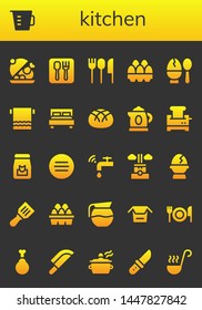 kitchen icon set. 26 filled kitchen icons.  Collection Of - Salver, Measuring cup, Restaurant, Cutlery, Eggs, Egg, Towel, Double bed, Bread, Kettle, Toaster, Food, Meat, Faucet
