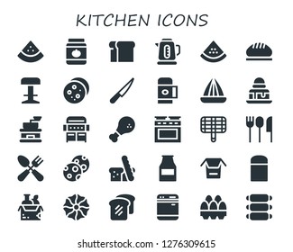  kitchen icon set. 30 filled kitchen icons. Simple modern icons about  - Watermelon, Jar, Bread, Kettle, Stool, Cookie, Knife, Thermo, Juicer, Brownie, Coffee grinder, Grill, Chicken